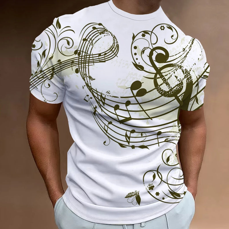 Men’s Fashion T-Shirt, 3D Musical Notation Print, Summer Casual Streetwear Top, Short Sleeve Loose Oversized Shirt