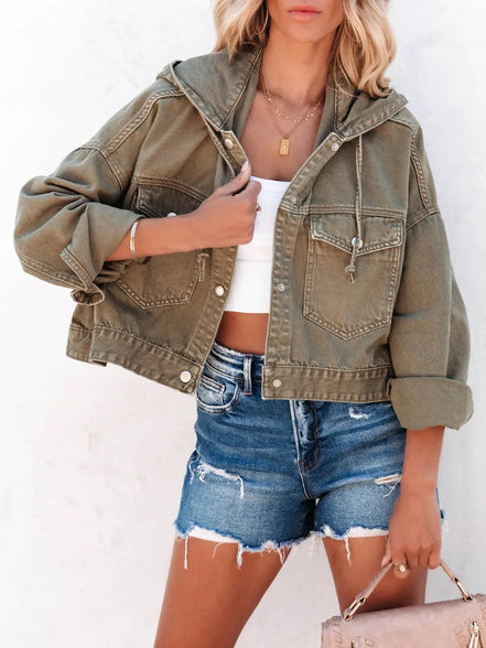 Women’s Hooded Denim Jacket, Vintage Casual Jean Coat, Trendy Long Sleeve Streetwear