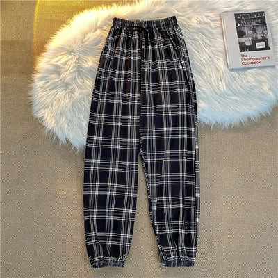 Women’s Wide-Leg Plaid Pants, Loose Harem Trousers, Summer Streetwear, Harajuku Chic Style