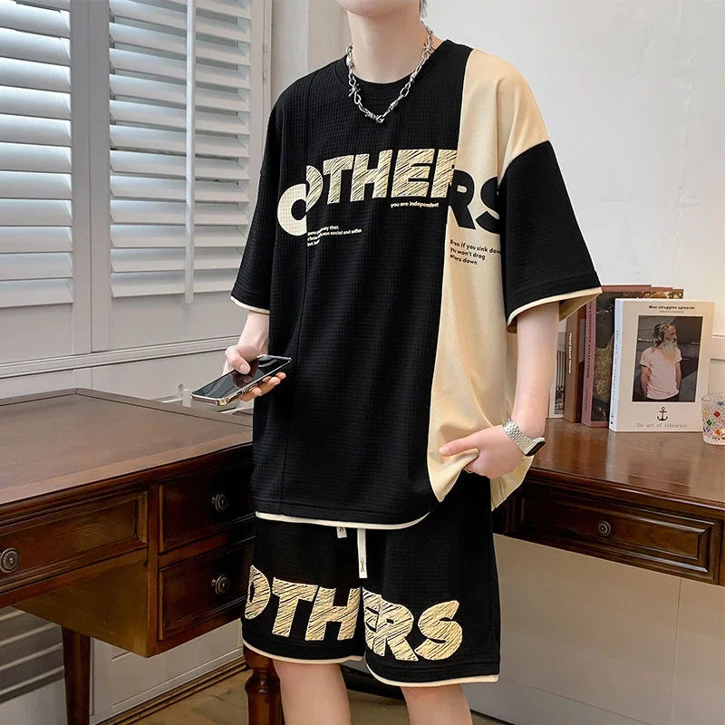 Men’s Clothing Set, Alphabet Top Jogging Sports Suit, Brown T-Shirt Sweatpants