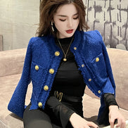 Women’s Short Tweed Jacket, Elegant White-Blue Buttoned Coat, Long Sleeve Office Streetwear