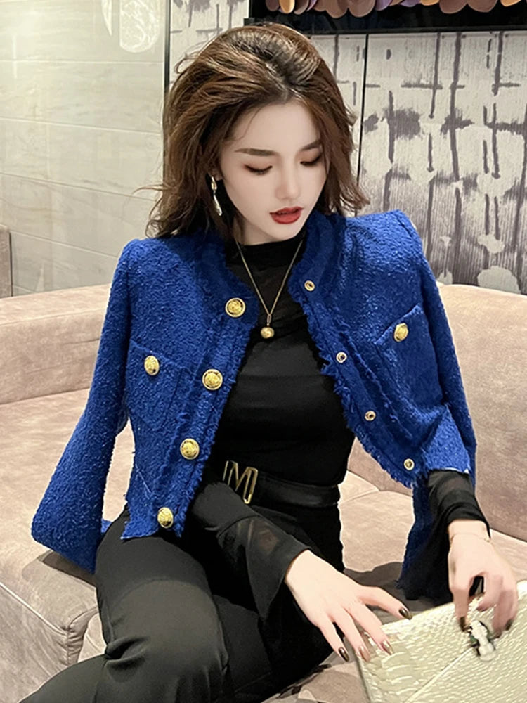 Women’s Short Tweed Jacket, Elegant White-Blue Buttoned Coat, Long Sleeve Office Streetwear