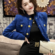 Women’s Short Tweed Jacket, Elegant White-Blue Buttoned Coat, Long Sleeve Office Streetwear
