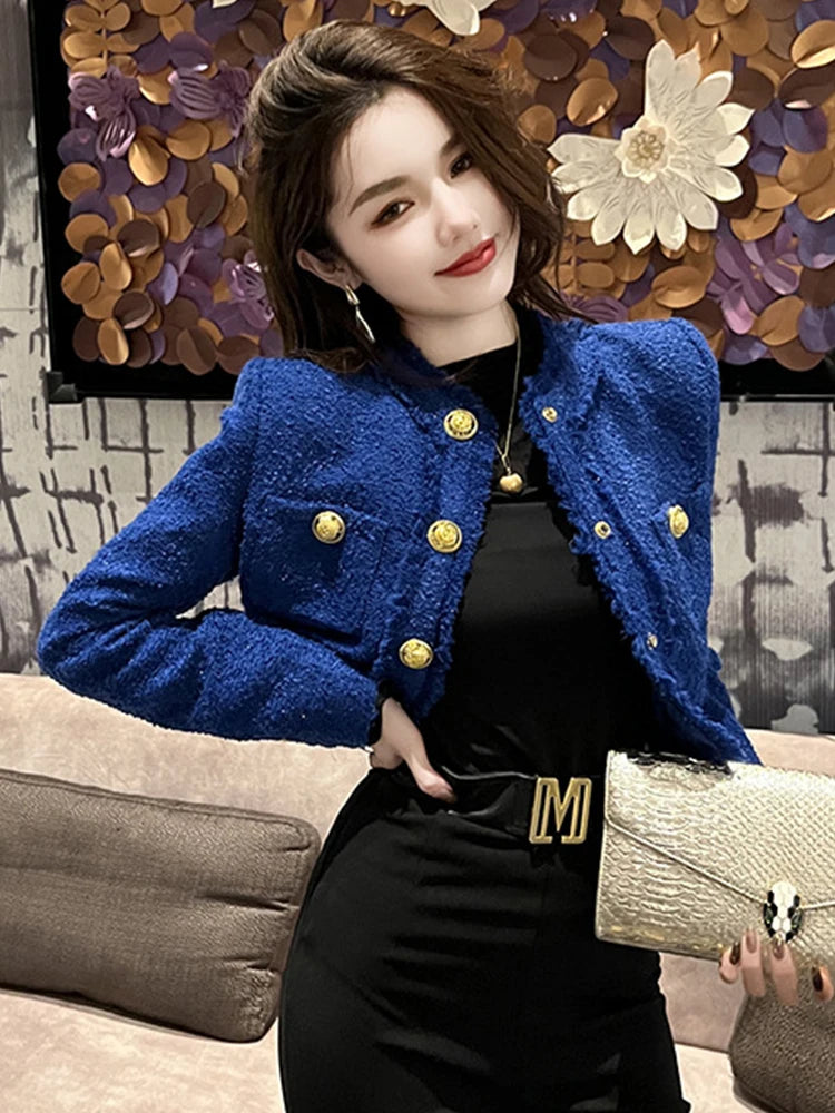 Women’s Short Tweed Jacket, Elegant White-Blue Buttoned Coat, Long Sleeve Office Streetwear