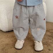 2026 Fall New Toddler Kids Pants Cotton Cartoon Embroidered Harem Pants Baby Boy Casual Striped Denim Baggy Trousers