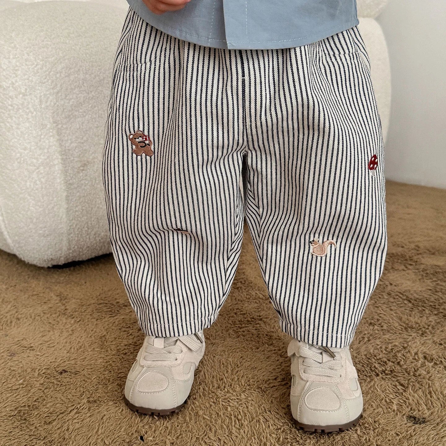 2026 Fall New Toddler Kids Pants Cotton Cartoon Embroidered Harem Pants Baby Boy Casual Striped Denim Baggy Trousers