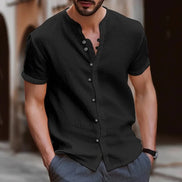 Men’s Casual Retro Cotton Linen Short-Sleeve Shirt, Stand Collar, Solid Color, US Sizes