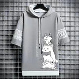 Men’s Summer Hoodie, Japan Fashion Cartoon Print, Casual Harajuku Streetwear, Short Sleeve Hooded Top Sweatshirt
