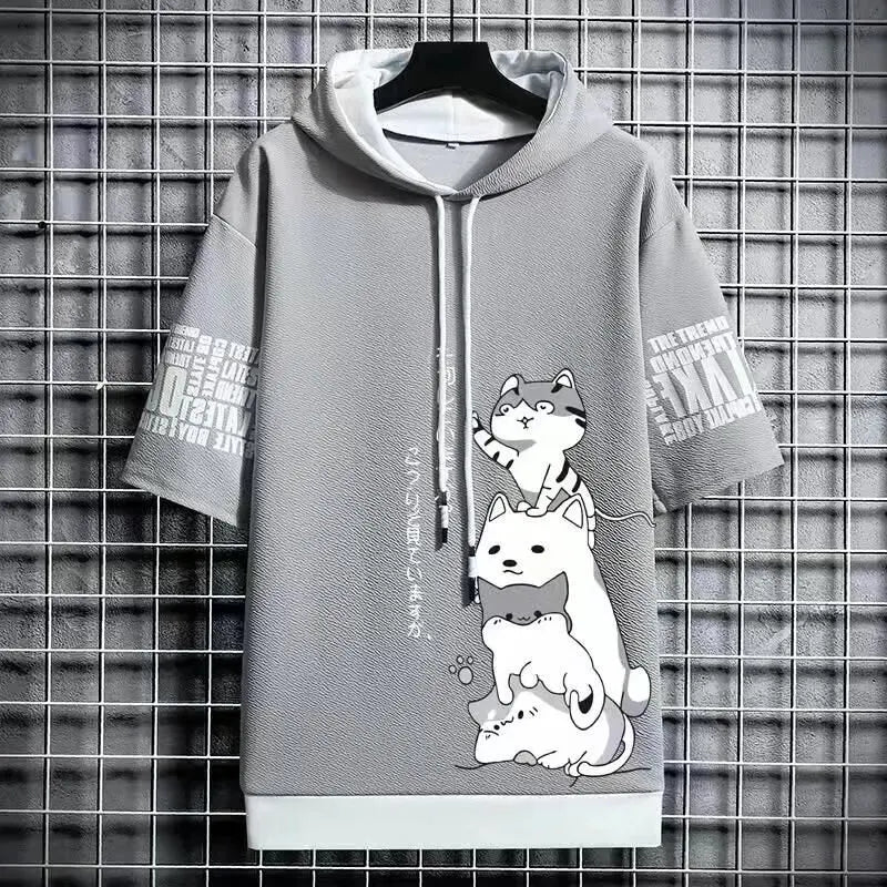 Men’s Summer Hoodie, Japan Fashion Cartoon Print, Casual Harajuku Streetwear, Short Sleeve Hooded Top Sweatshirt