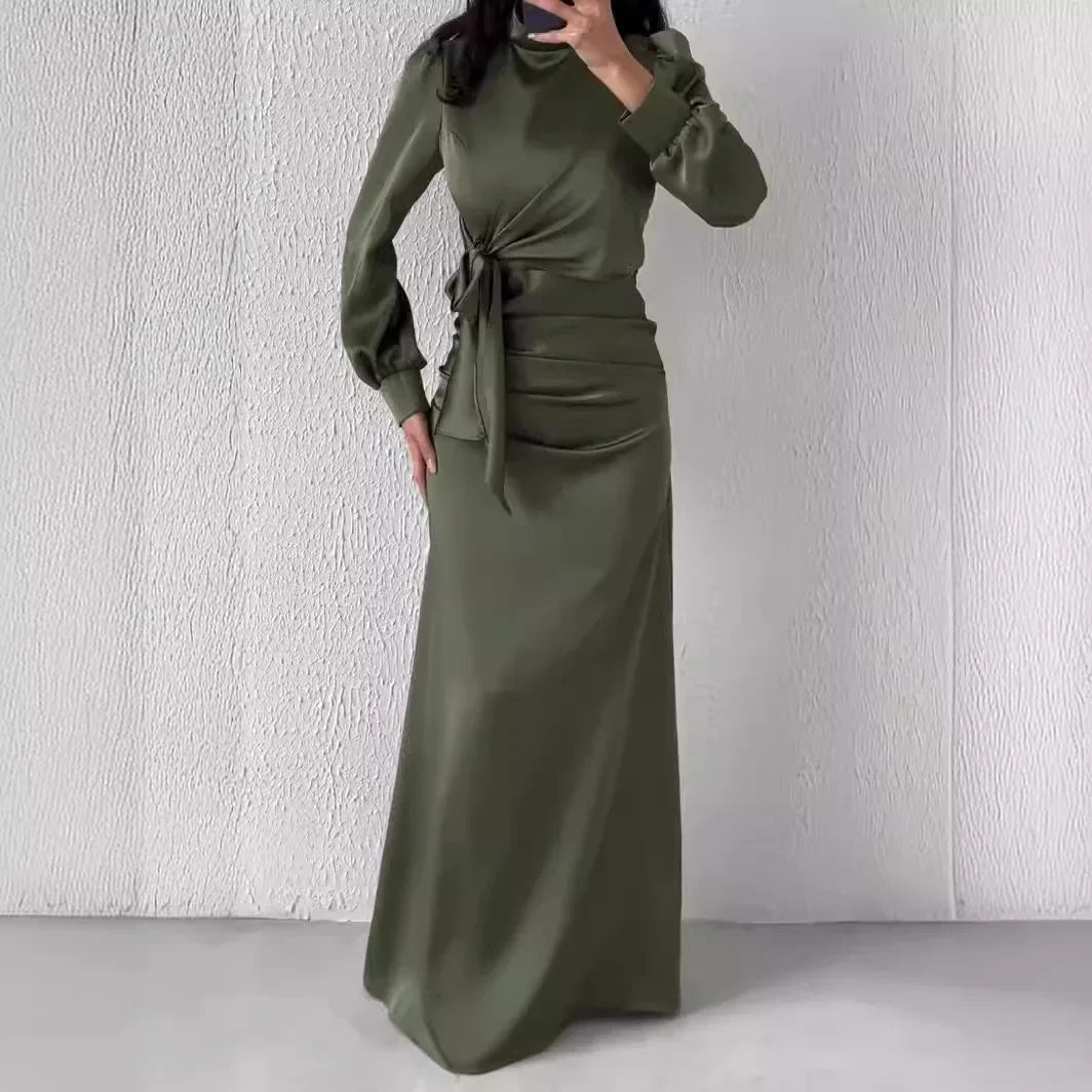 Women’s Autumn Satin Dress – Elegant Long Sleeve, Round Neck, Slim Fit Party Wear