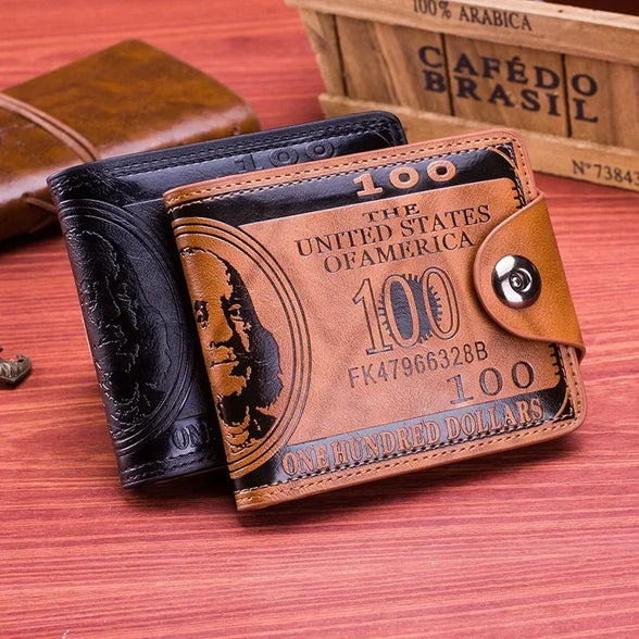 Men’s Fashion Wallet, Leather Photo Card Holder with 100 Dollar Pattern