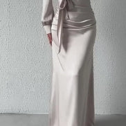 Women’s Autumn Satin Dress – Elegant Long Sleeve, Round Neck, Slim Fit Party Wear
