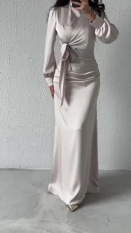 Women’s Autumn Satin Dress – Elegant Long Sleeve, Round Neck, Slim Fit Party Wear