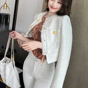 Women’s Short Tweed Jacket, Elegant White-Blue Buttoned Coat, Long Sleeve Office Streetwear