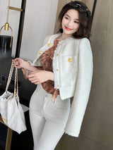 Women’s Short Fashion Jacket, Elegant White Blue Tweed Top Coat, Long Sleeve Buttoned Office Lady Street Outerwear