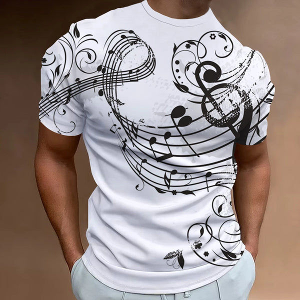 Men’s Fashion T-Shirt, 3D Musical Notation Print, Summer Casual Streetwear Top, Short Sleeve Loose Oversized Shirt