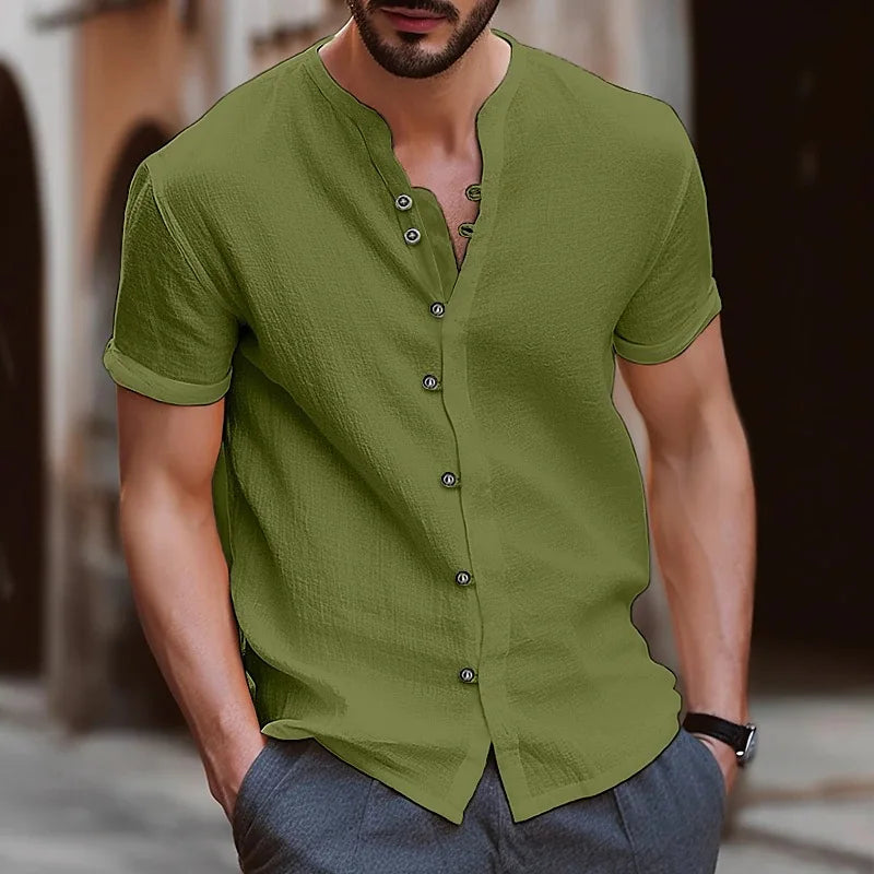 Men’s Casual Retro Cotton Linen Short-Sleeve Shirt, Stand Collar, Solid Color, US Sizes