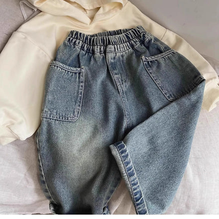 2025 Spring Autumn Kid Boys Denim Pants Side Pocket Polished White Children Boys Pants Elastic Waist Casual Baby Boys Trousers