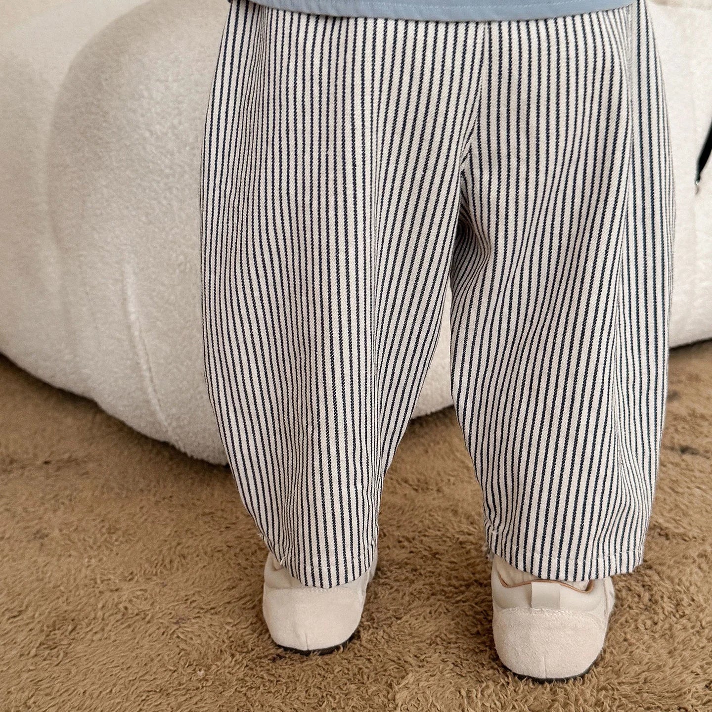 2026 Fall New Toddler Kids Pants Cotton Cartoon Embroidered Harem Pants Baby Boy Casual Striped Denim Baggy Trousers