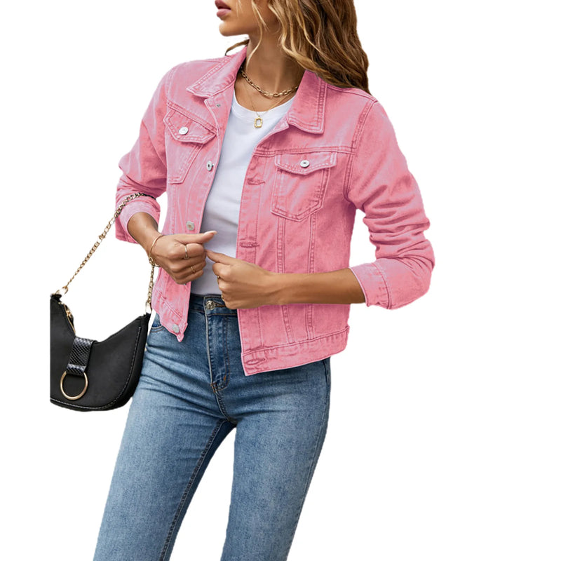 Women’s Denim Jacket, Fashion Casual Long Sleeve Lapel, Solid Button-Down, Slim Fit Jean Jacket, Fall Winter Coat