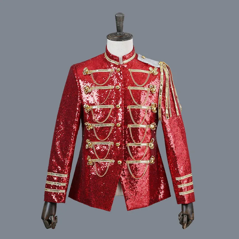 Men’s 2025 Court Style Blazer – Silver Sequin Military Jacket, Shiny Performance Wear