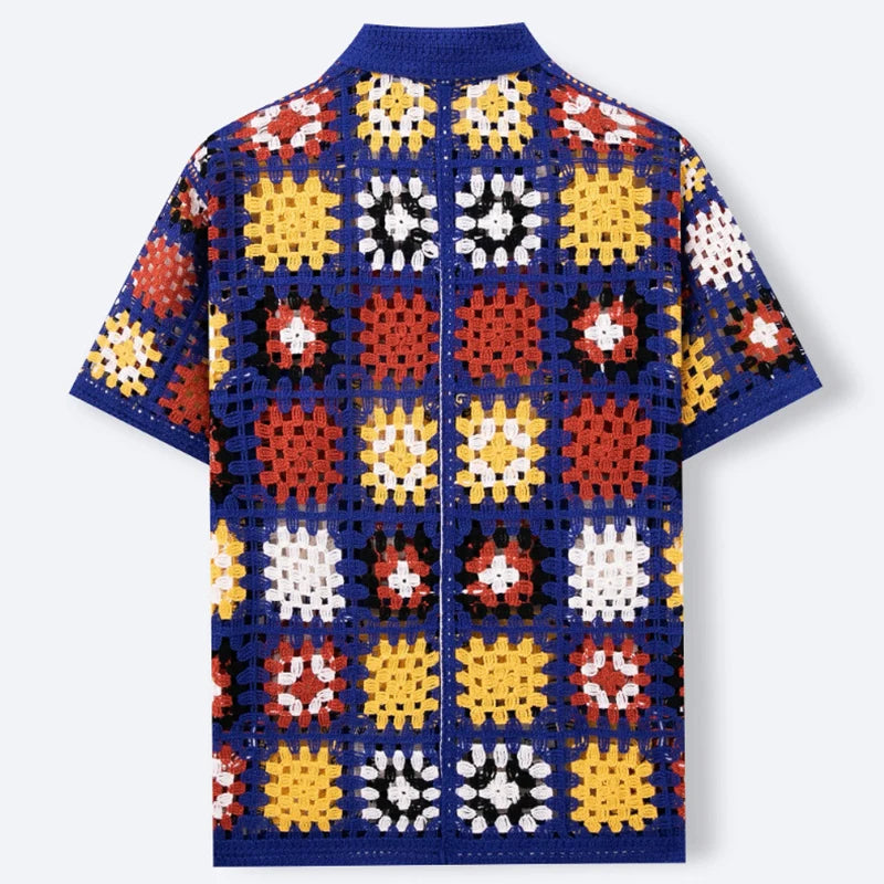 Men’s Floral Embroidered Knit Shirt, Summer Casual Buttoned Lapel, Vintage Crochet Hollow-Out Top