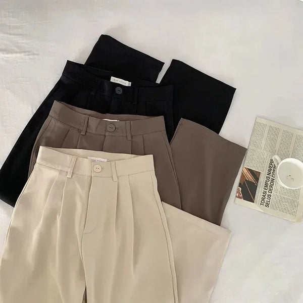 High Waist Women’s Suit Pants, Fall Straight Office Trousers, Korean Fashion Casual Button Loose Female Black Pants