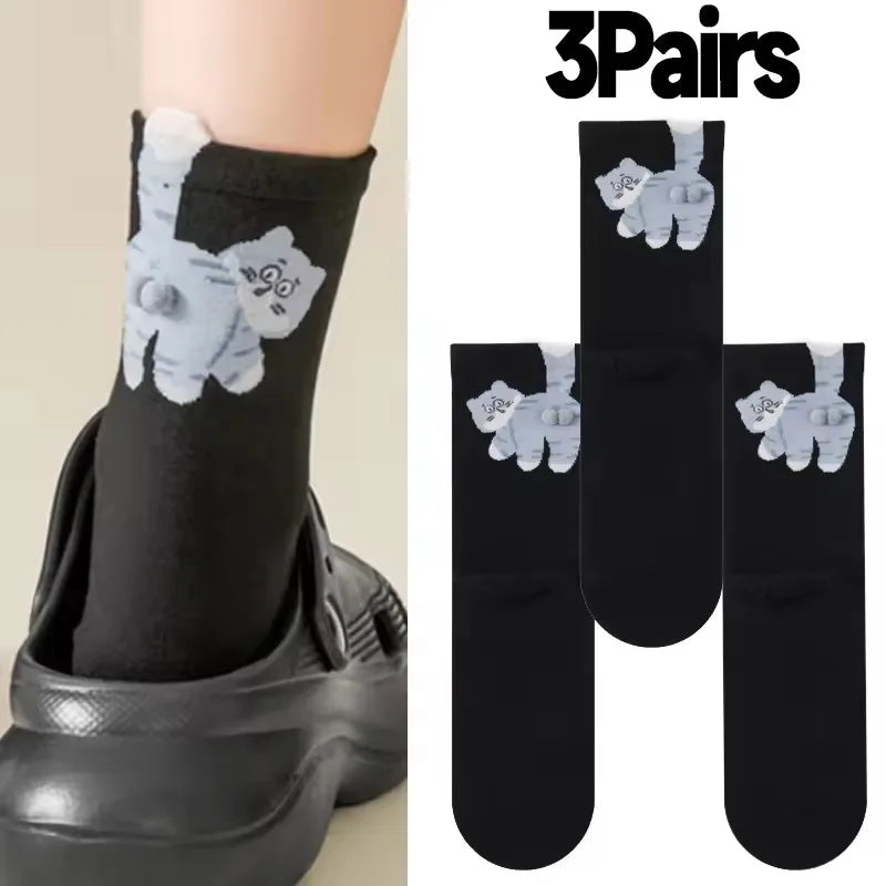 3D Cute Cat Socks Black/White Funny Cat Cotton Socks Breathable Soft Girl Women Novelty Stocking Kawaii Gift Sock Set