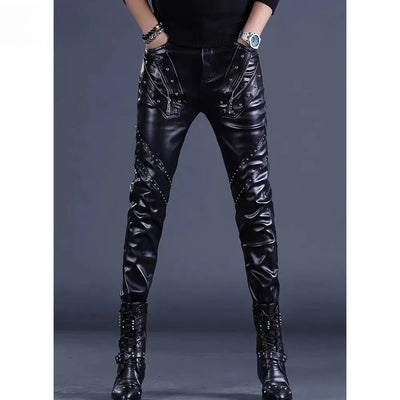 Men’s Rock Style PU Leather Pants – Slim Fit Motorcycle Trousers with Rivet Zipper