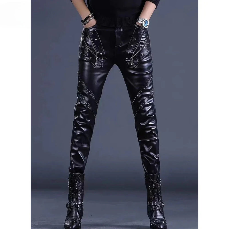 Men’s Fashion Rock Style PU Leather Pants, Sexy Night Club Dance Pants, Rivets Zipper Faux Leather Slim Motorcycle Trousers