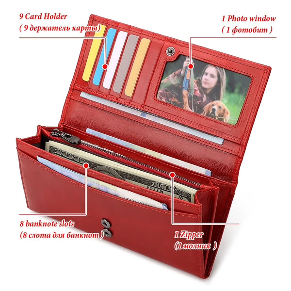 Fashion Wallet for Women Top Layer Leather Ladies Long Cell Phone Handbag Multi-function Cards Holder Portomonee