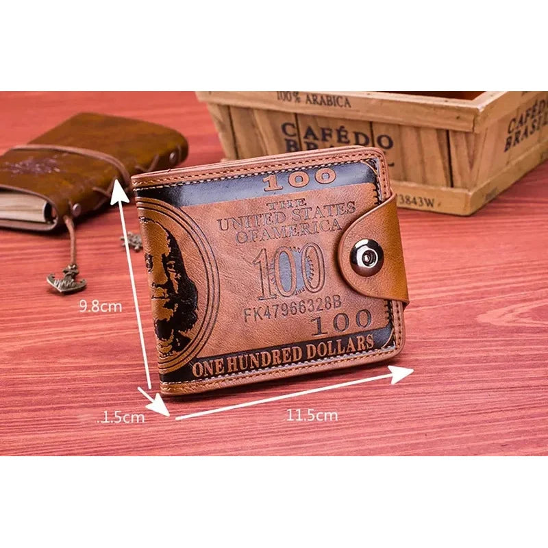 Men’s Fashion Wallet, Leather Photo Card Holder with 100 Dollar Pattern, Large Capacity Stylish Money and Card Purse