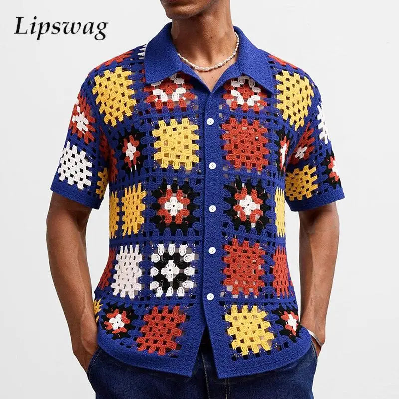 Men’s Floral Embroidered Knit Shirt, Summer Casual Buttoned Lapel, Vintage Crochet Hollow-Out Top