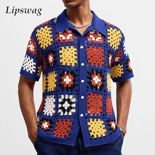 Men’s Floral Embroidered Knit Shirt, Summer Casual Buttoned Lapel, Vintage Crochet Hollow-Out Top
