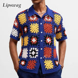 Fashion Florals Embroidery Knit Shirts Men's Summer New Casual Buttoned Lapel Cardigan Tops Men Vintage Hollow Out Crochet Shirt