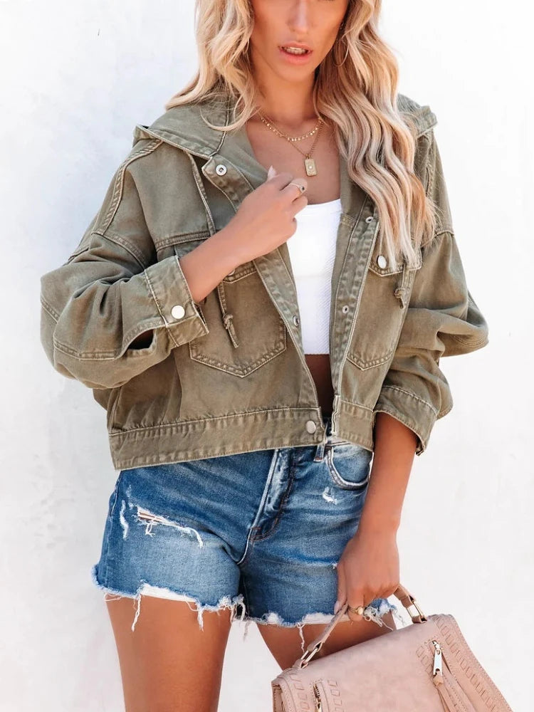 Women’s Hooded Denim Jacket, Vintage Casual Jean Coat, Trendy Long Sleeve Streetwear