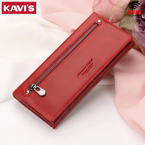 Fashion Wallet for Women Top Layer Leather Ladies Long Cell Phone Handbag Multi-function Cards Holder Portomonee
