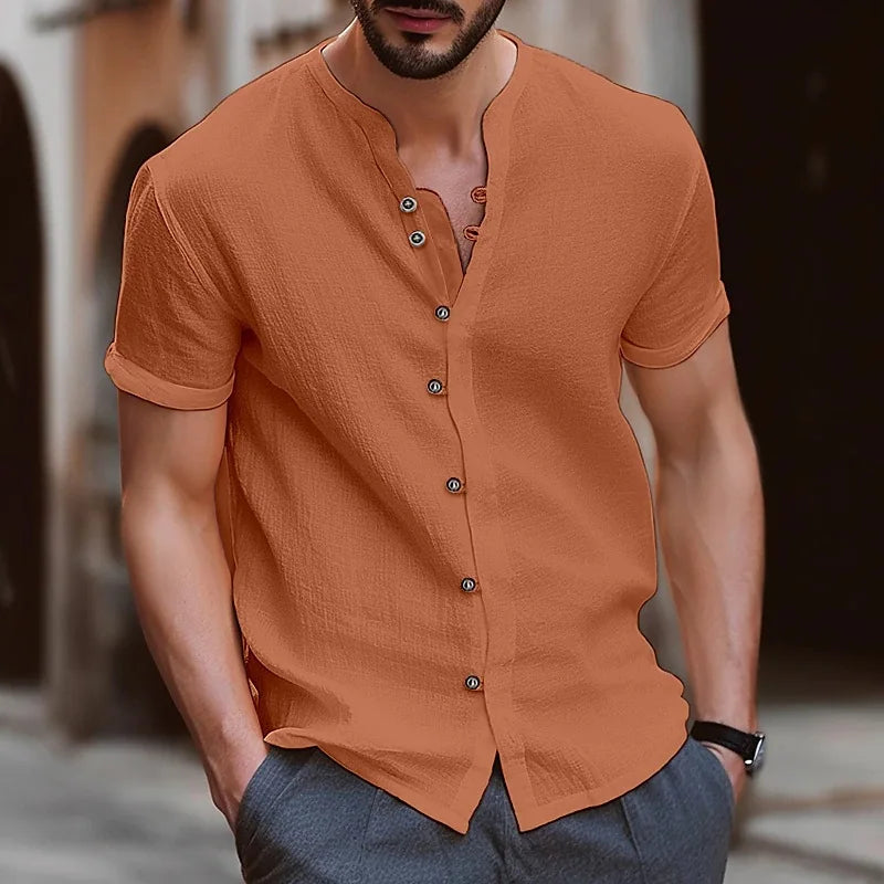 Men’s Casual Retro Cotton Linen Short-Sleeve Shirt, Stand Collar, Solid Color, US Sizes