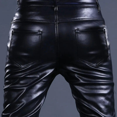 Men’s Rock Style PU Leather Pants – Slim Fit Motorcycle Trousers with Rivet Zipper
