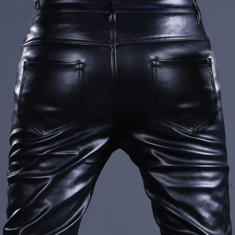 Men’s Fashion Rock Style PU Leather Pants, Sexy Night Club Dance Pants, Rivets Zipper Faux Leather Slim Motorcycle Trousers