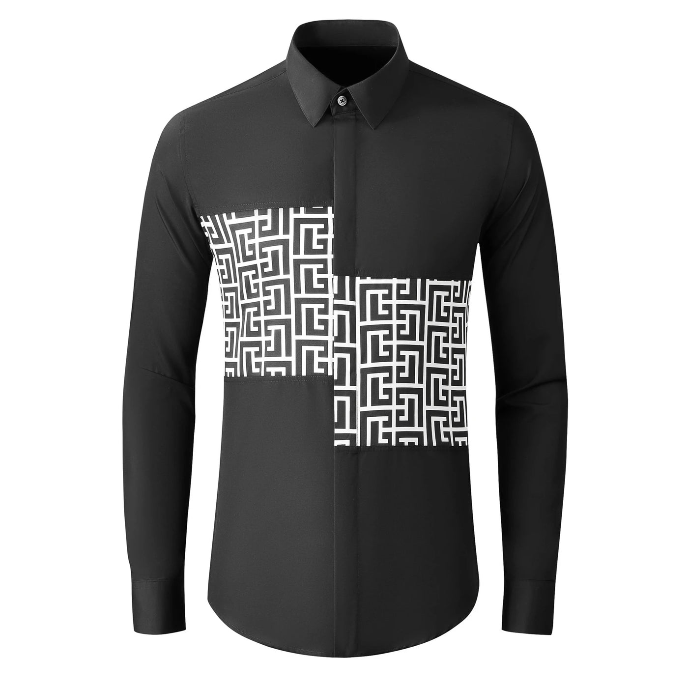 Men’s Geometric Printed Shirt, Long Sleeve Slim Fit, Luxury Party & Business Dress Shirt