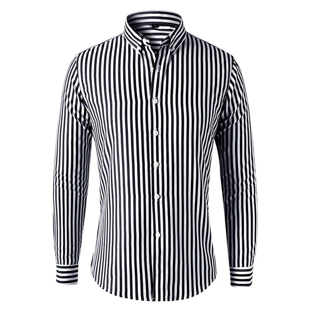 Men’s Striped Long-Sleeve Shirt, Slim Fit, Single-Breasted, Party & Social Wear