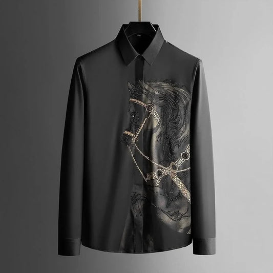 Men’s Long-Sleeve Printed Shirt, Fashionable Button-Up, Hipster Style, Elegant Casual Luxury Top