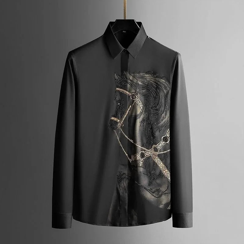 Men’s Long-Sleeve Printed Shirt, Fashionable Button-Up, Hipster Style, Elegant Casual Luxury Top