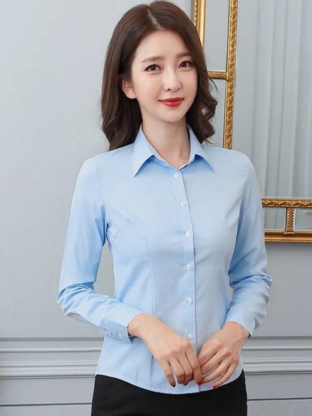 Women’s White Long-Sleeve Shirt, Formal Work Top, Professional Office Blouse, Plus Size