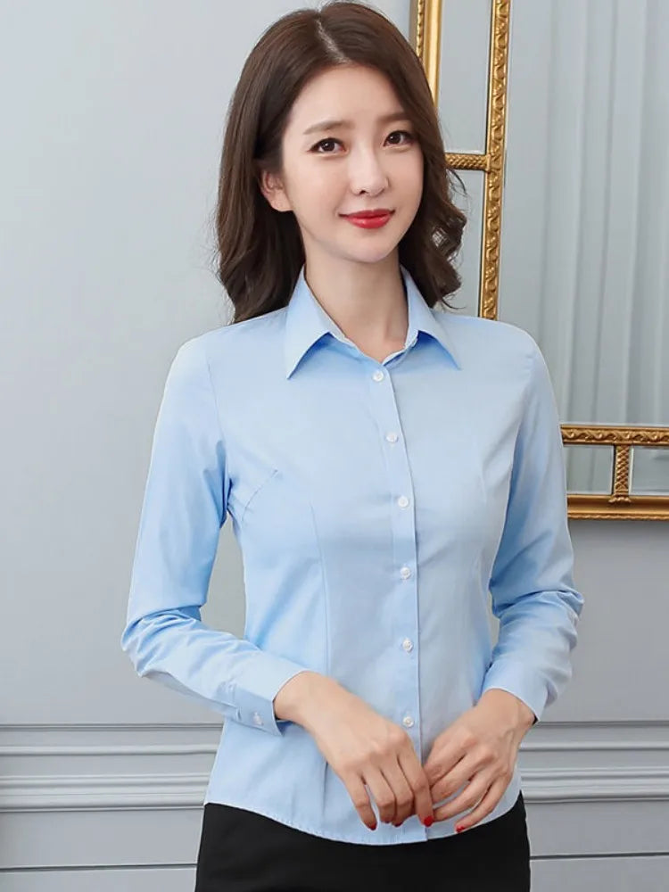 Fashion Women’s Shirt, White Long-Sleeve Professional Shirt, Formal Dress Work Clothes, Large Size OL Button Women’s Top