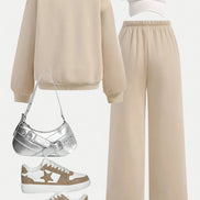 Children's Clothing for Girls, Autumn Outfit Set, Girls' Round-Neck Pullover and Wide-Leg Pants Set, Girls' Round-Neck Sweatshirt and Sports Sweatpants Two-Piece Set, Solid Color Stylish Clothes