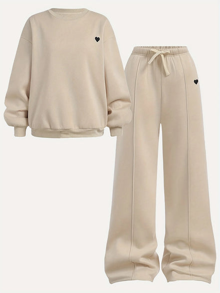 Children's Clothing for Girls, Autumn Outfit Set, Girls' Round-Neck Pullover and Wide-Leg Pants Set, Girls' Round-Neck Sweatshirt and Sports Sweatpants Two-Piece Set, Solid Color Stylish Clothes