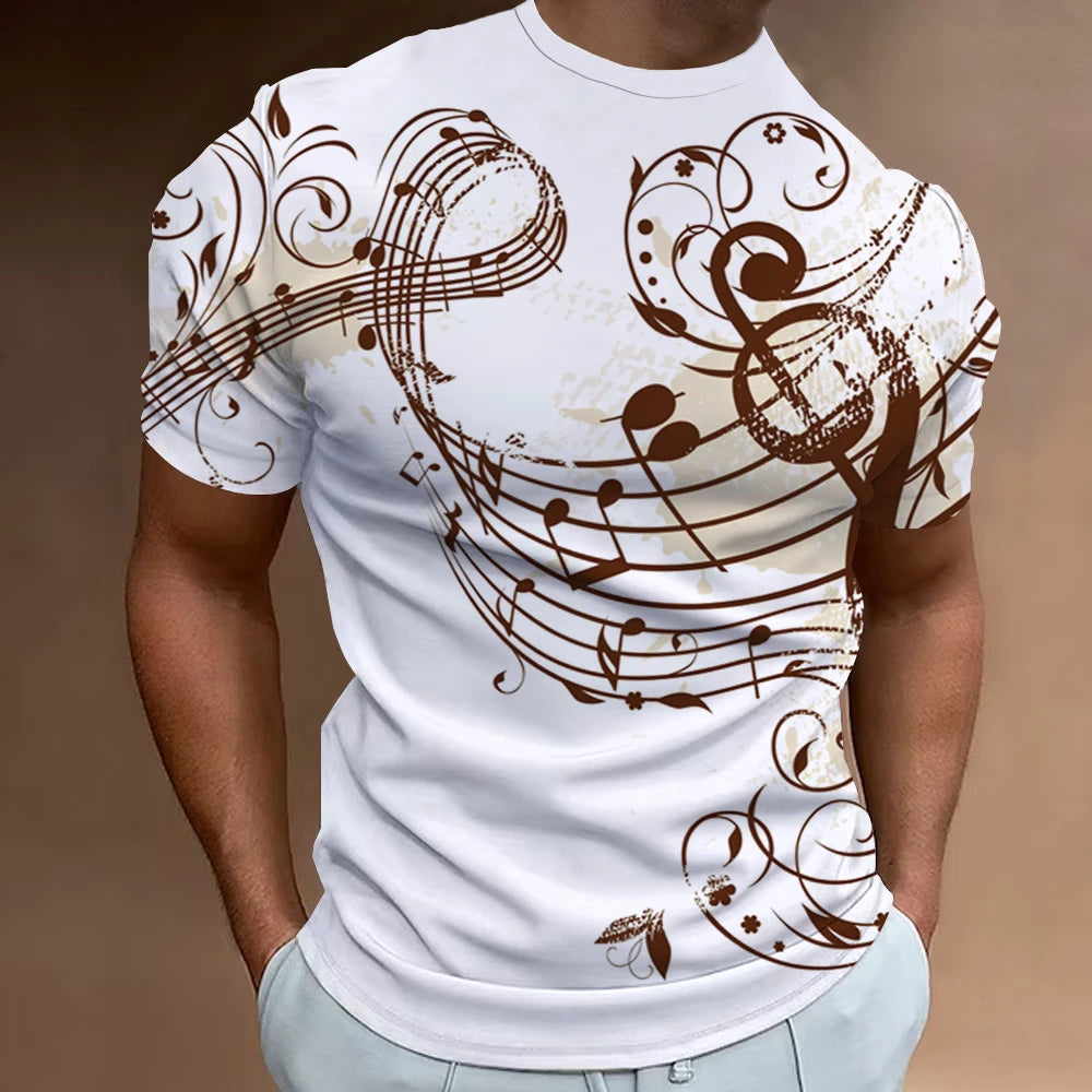 Men’s Fashion T-Shirt, 3D Musical Notation Print, Summer Casual Streetwear Top