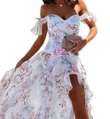 Elegant Party Dresses for Women, New Casual Fashion Print Trend, Sexy Off-Shoulder Strap Split Waist Dress for Vacation